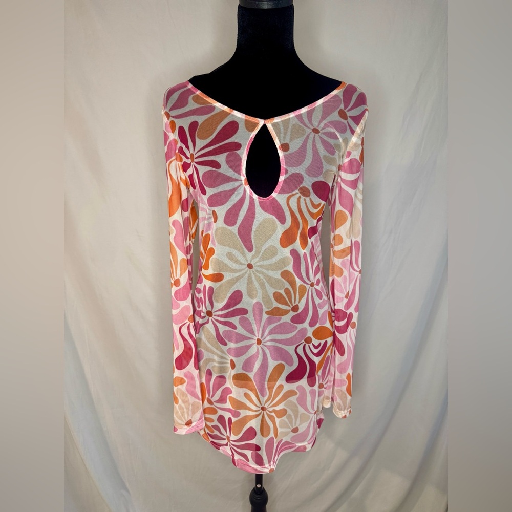 Colorful Floral Long Bell Sleeve Mesh Dress